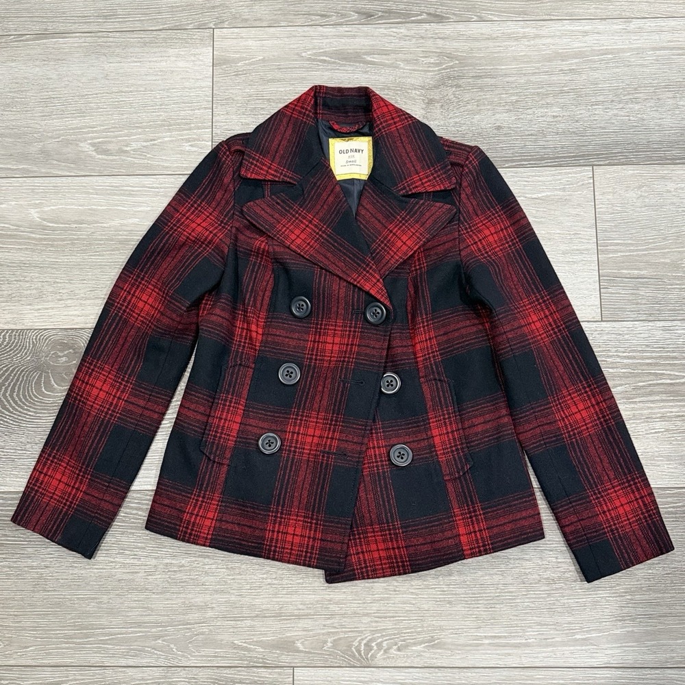 Old Navy Women Peacoat Coat Sm Red Black Plaid Wool Blend Dbl Breasted Lined Jkt